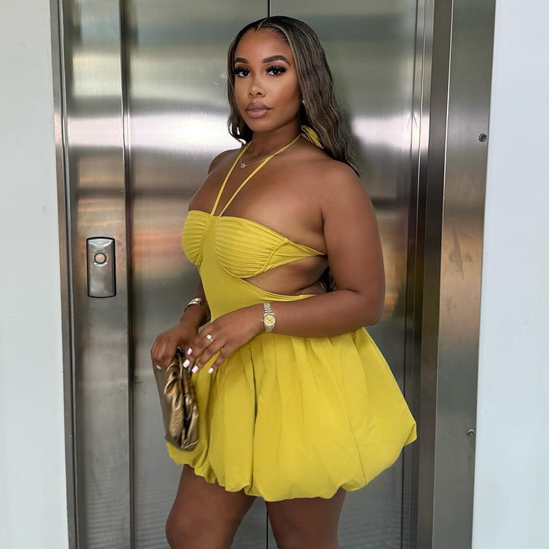 Women Clothing Autumn Sweet Fresh Halter Tube Top Backless High Waist Short Dress Puffy dress Bella Mia